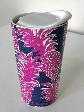 LILLY PULITZER 13 oz Double Wall Ceramic Travel Mug Flamenco Pattern Pineapples